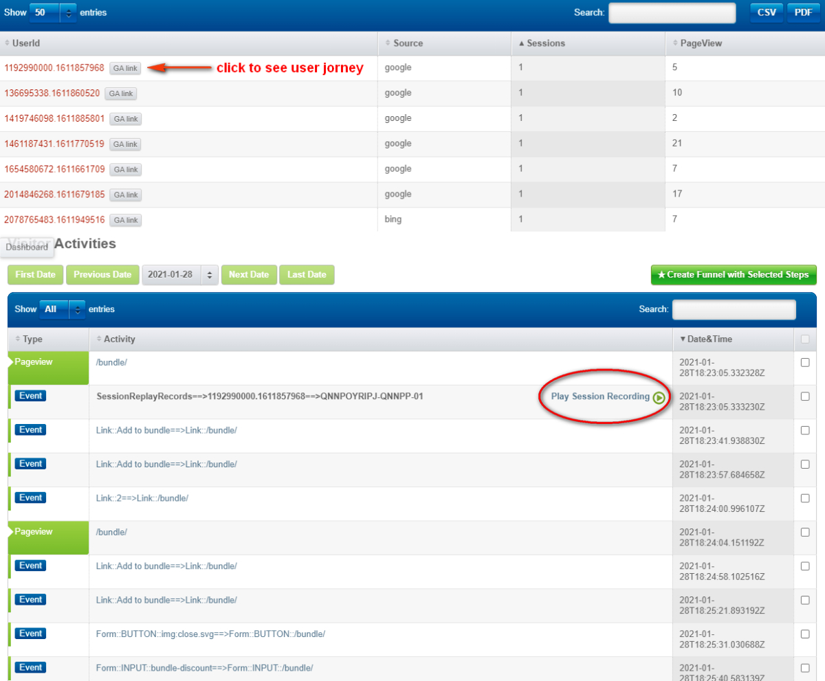 click to see user journey report and recordings segment visitors with purchase