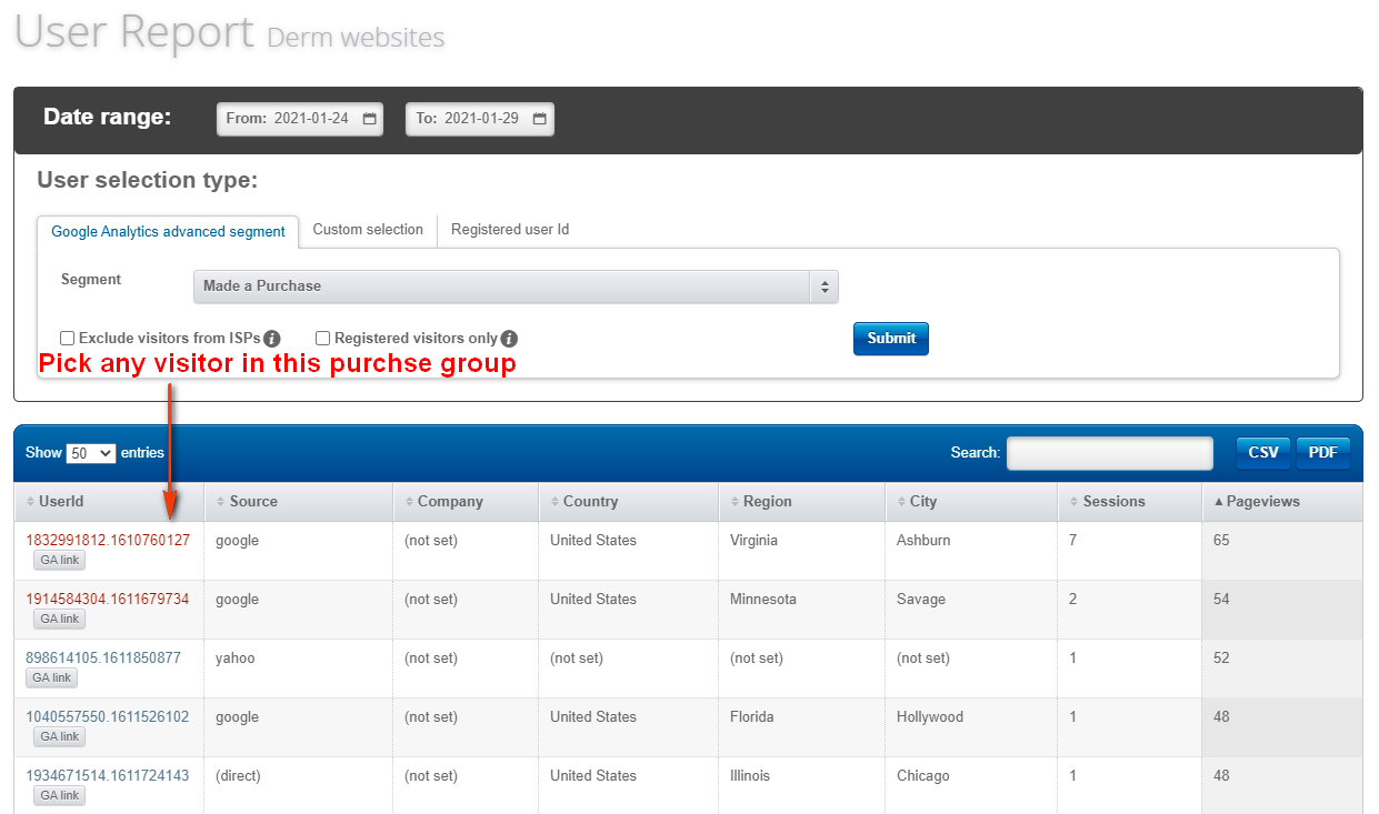 pick any visitor from the group segment visitors with purchase